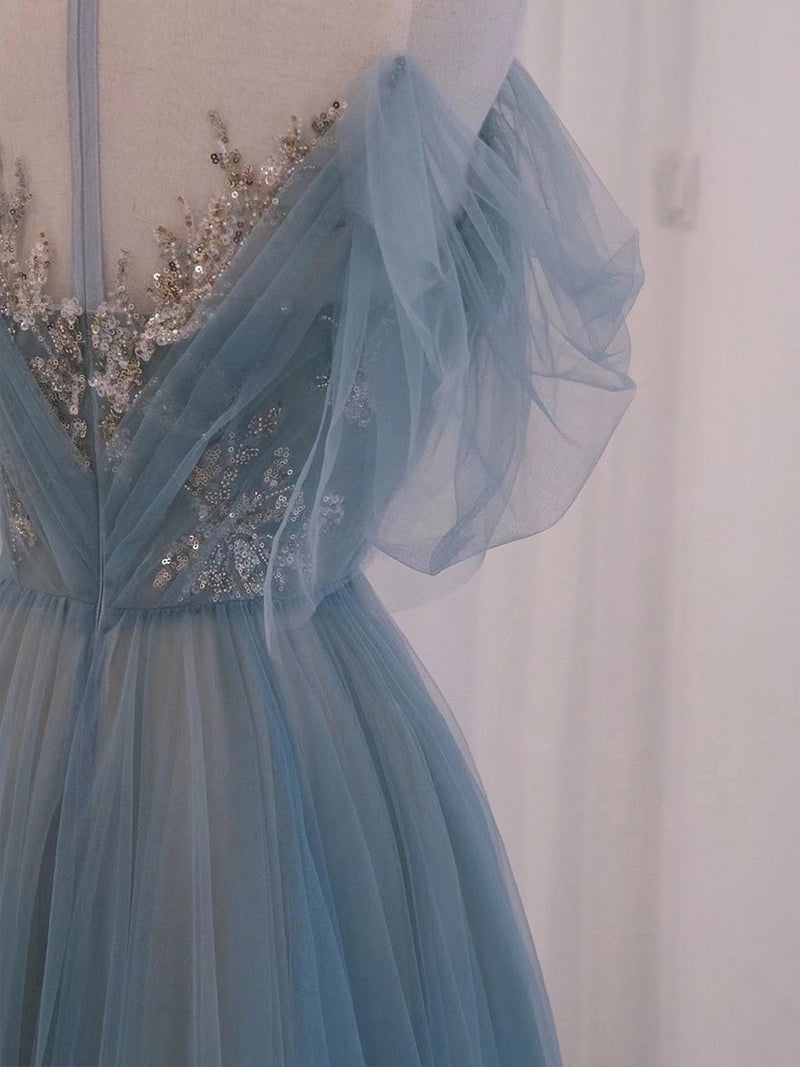A-Line Square Neckline Gray Blue Long Prom Dress, Lace Formal Evening –  shopluu